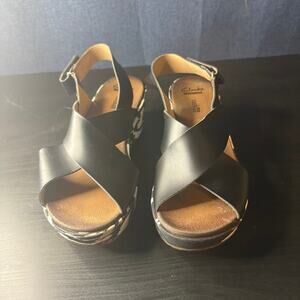 Clarks Collection Soft Cushion Wedge Slingback Sandals Black/White Sz 7W